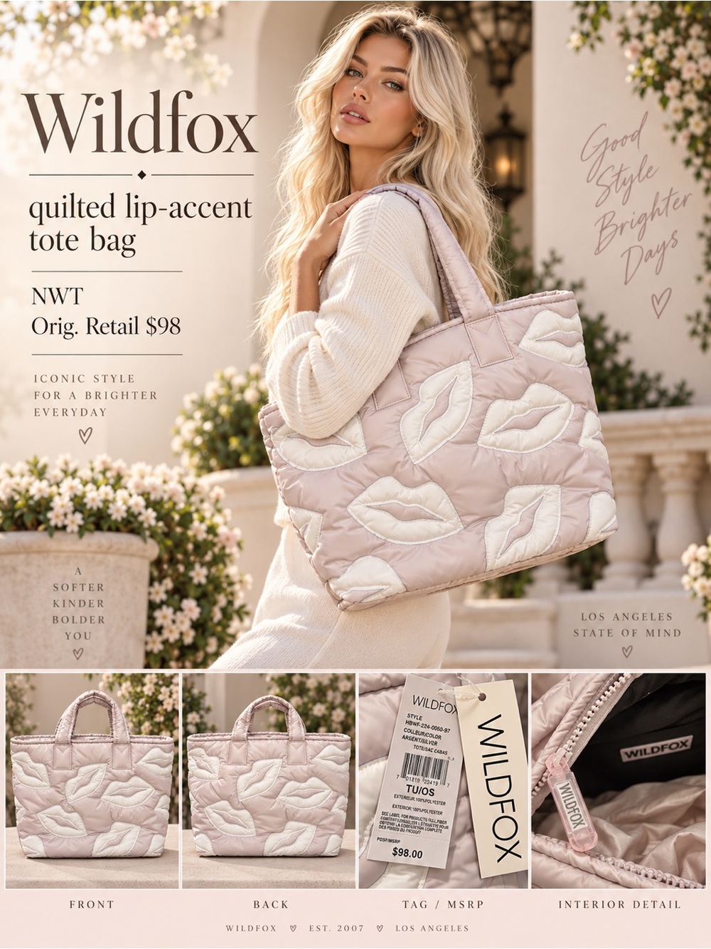Wildfox Quilted Lip Tote in Light Pink and White
